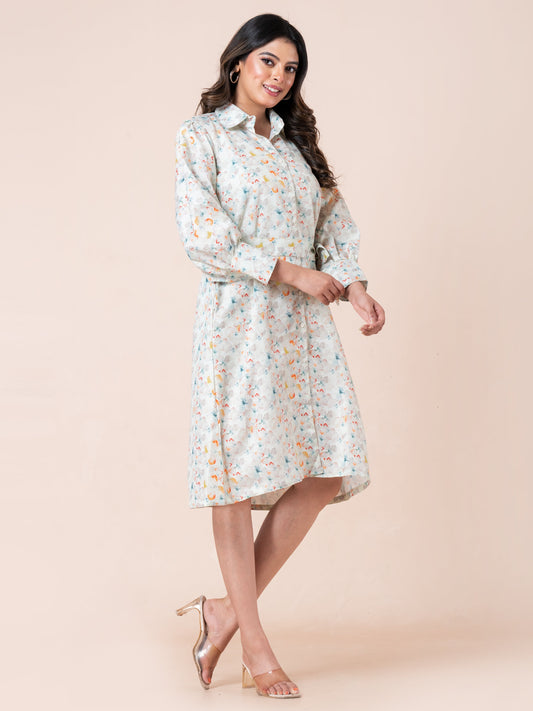 Multicolor Floral Print Shirt Dress With Belt