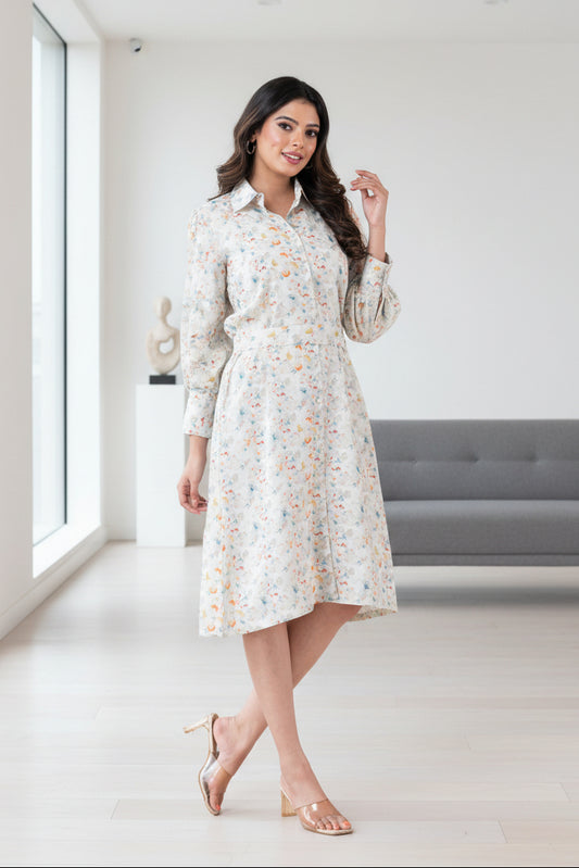 Multicolor Floral Print Shirt Dress With Belt