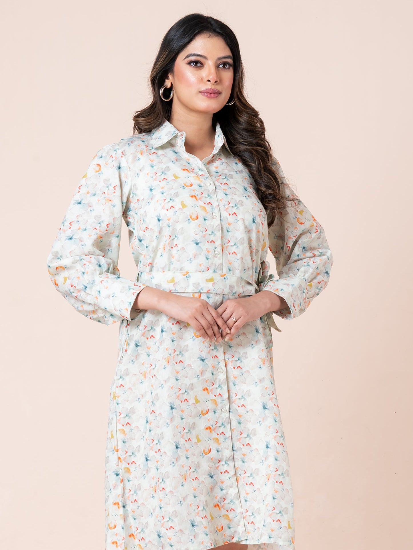 Multicolor Floral Print Shirt Dress With Belt