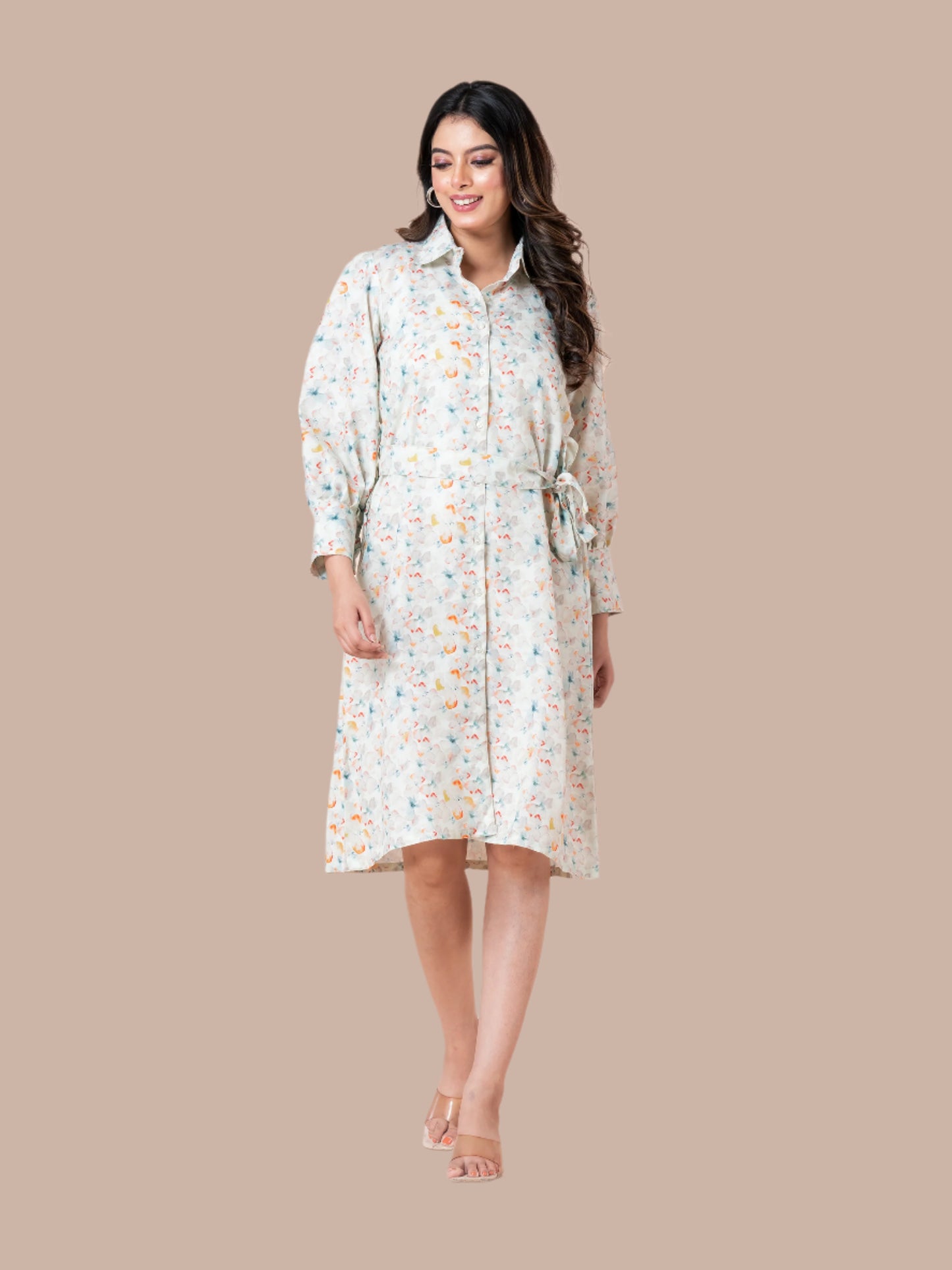 Multicolor Floral Print Shirt Dress With Belt