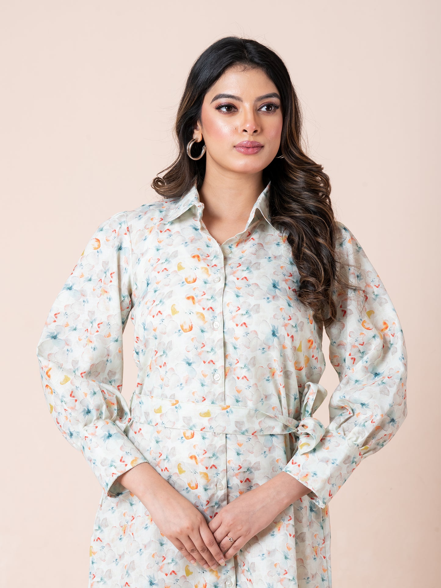 Multicolor Floral Print Shirt Dress With Belt