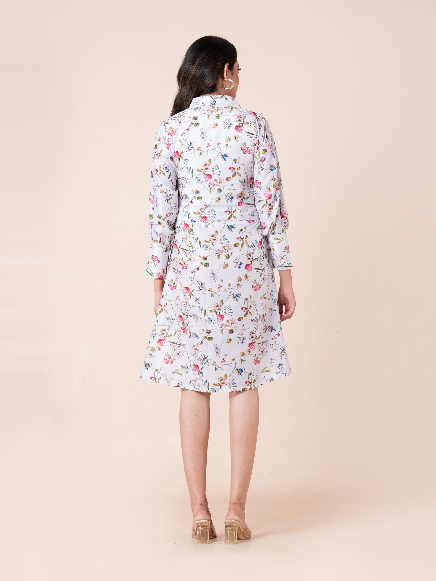 Abstract Colorful Flower Art Print Shirt Dress With Belt