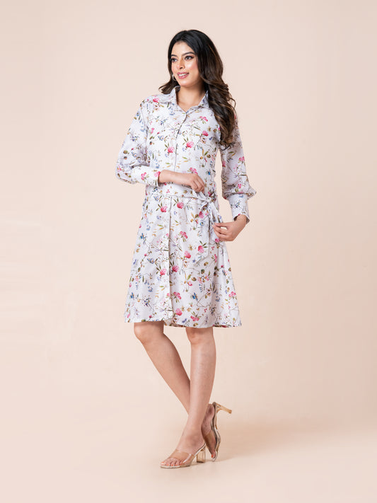 Abstract Colorful Flower Art Print Shirt Dress With Belt