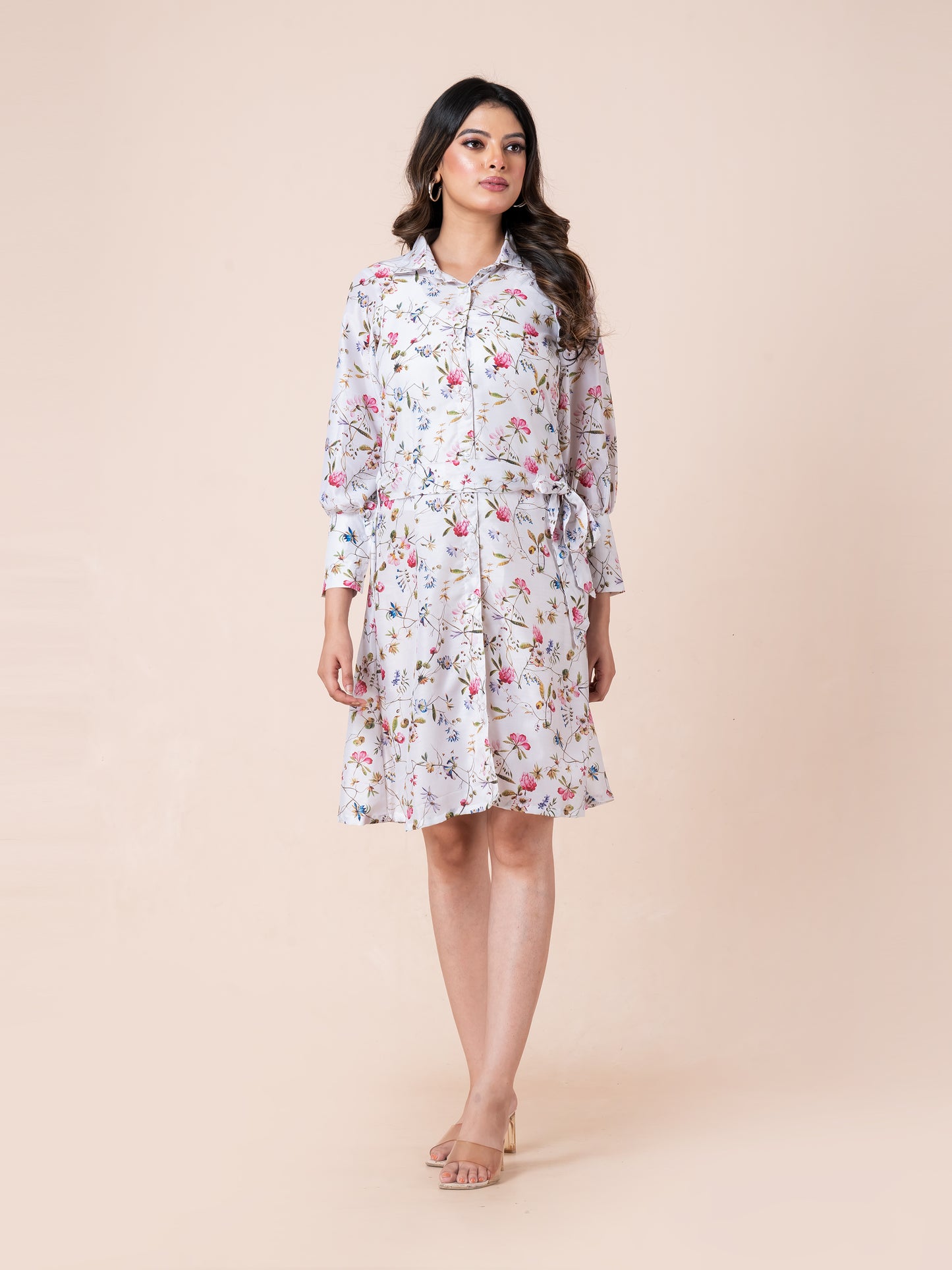 Abstract Colorful Flower Art Print Shirt Dress With Belt