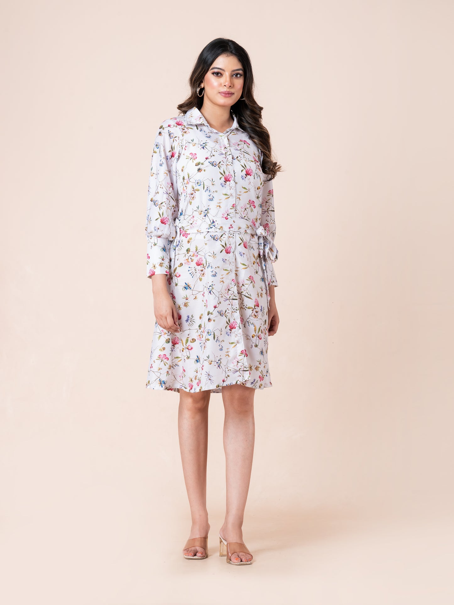 Abstract Colorful Flower Art Print Shirt Dress With Belt