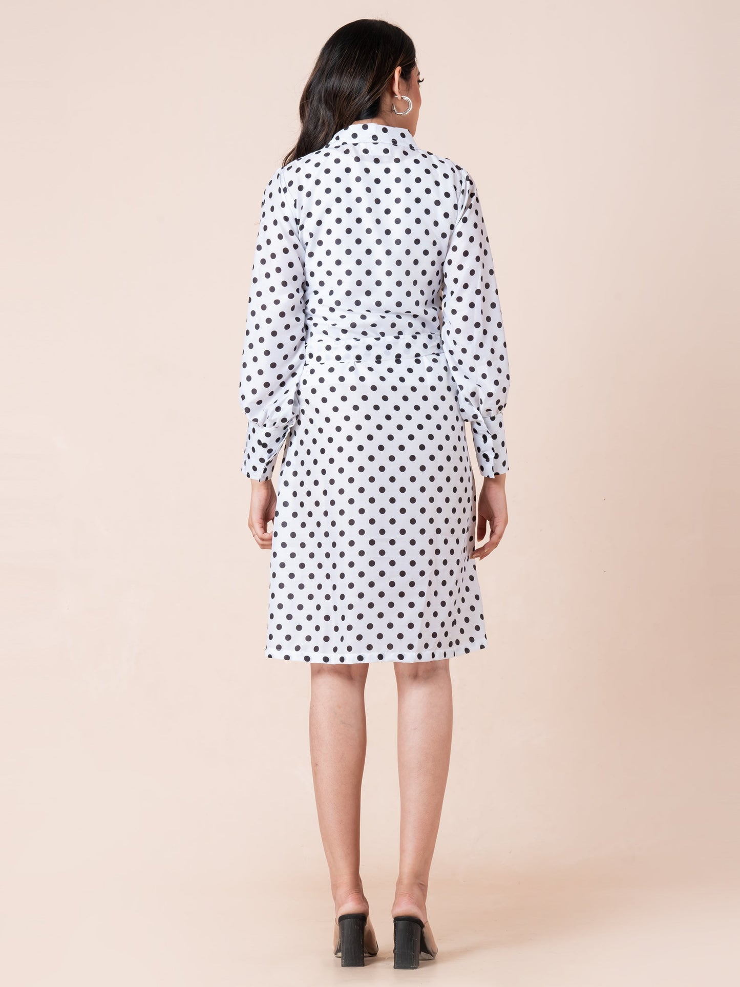 Black & White Polka Dot Printed Shirt Dress With Belt