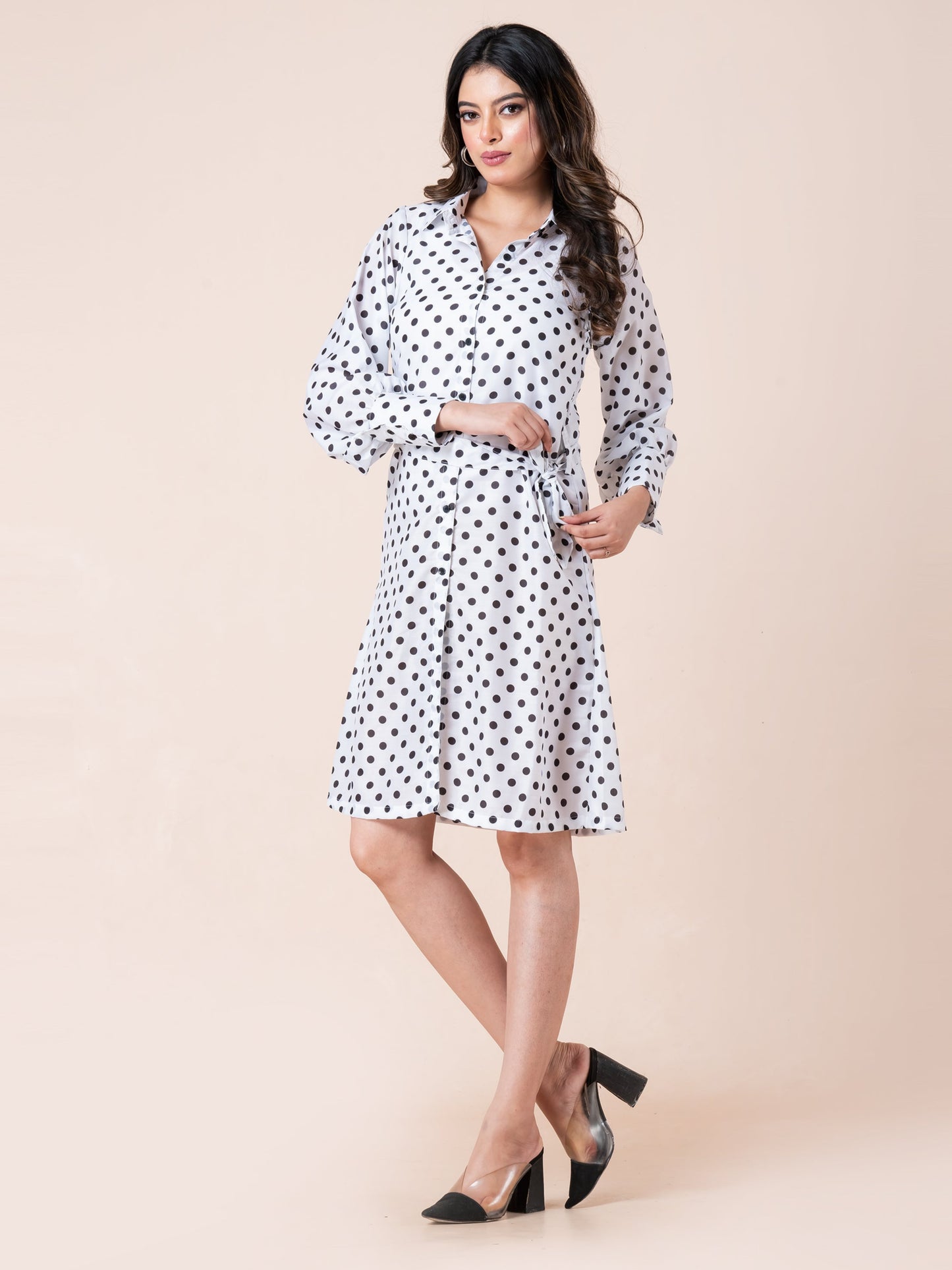 Black & White Polka Dot Printed Shirt Dress With Belt