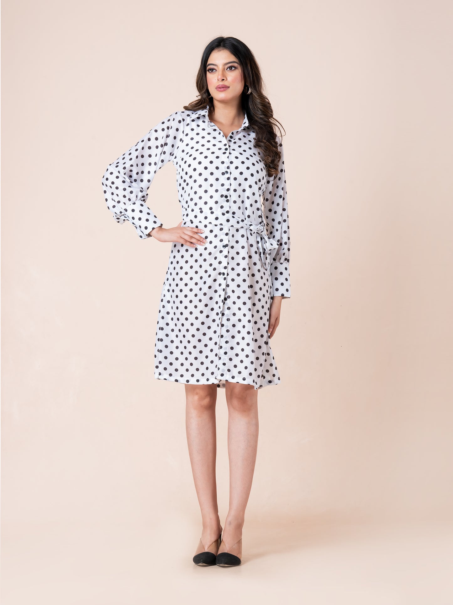 Black & White Polka Dot Printed Shirt Dress With Belt