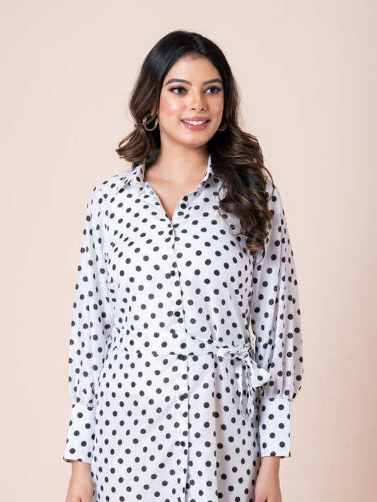Black & White Polka Dot Printed Shirt Dress With Belt