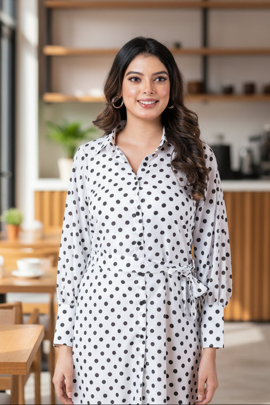 Black & White Polka Dot Printed Shirt Dress With Belt