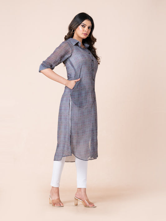 Tiny Stripes Glen Checks Digital Printed Long Shirt