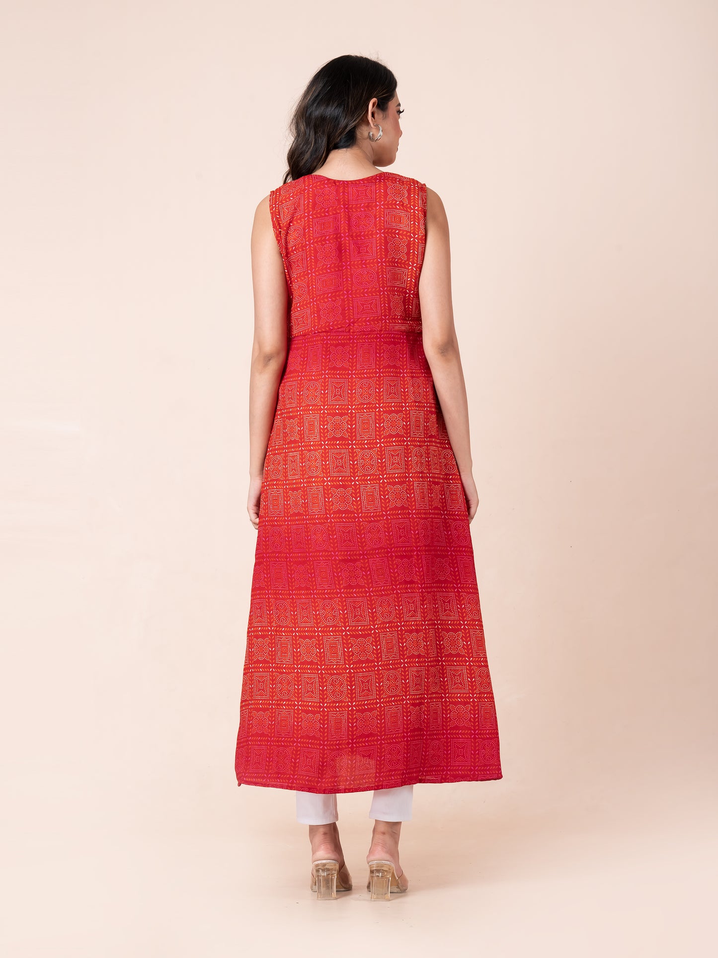 Red Bandhini Print Button-up Longline Sleeveless Shrug