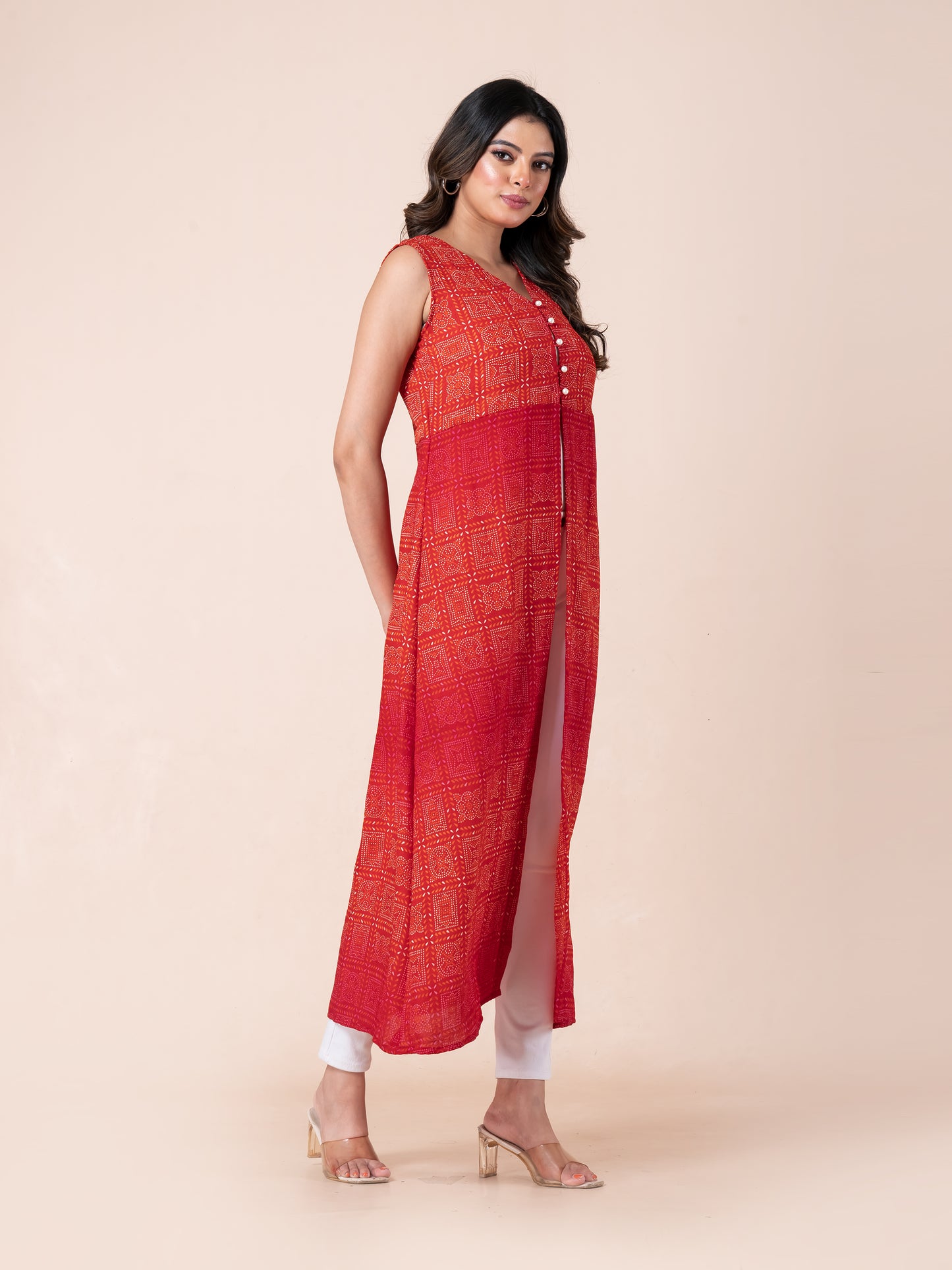 Red Bandhini Print Button-up Longline Sleeveless Shrug