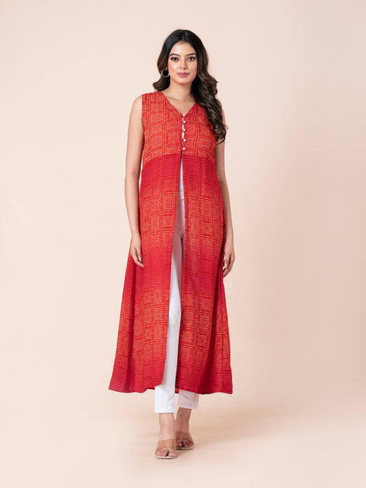 Red Bandhini Print Button-up Longline Sleeveless Shrug