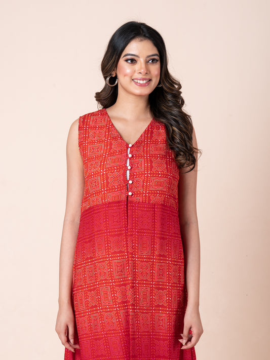 Red Bandhini Print Button-up Longline Sleeveless Shrug