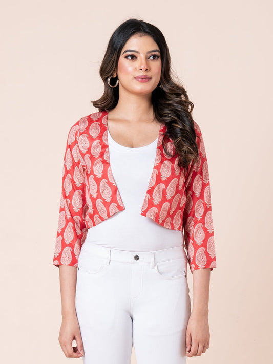 Red Paisley Print Women Bolero, Front view