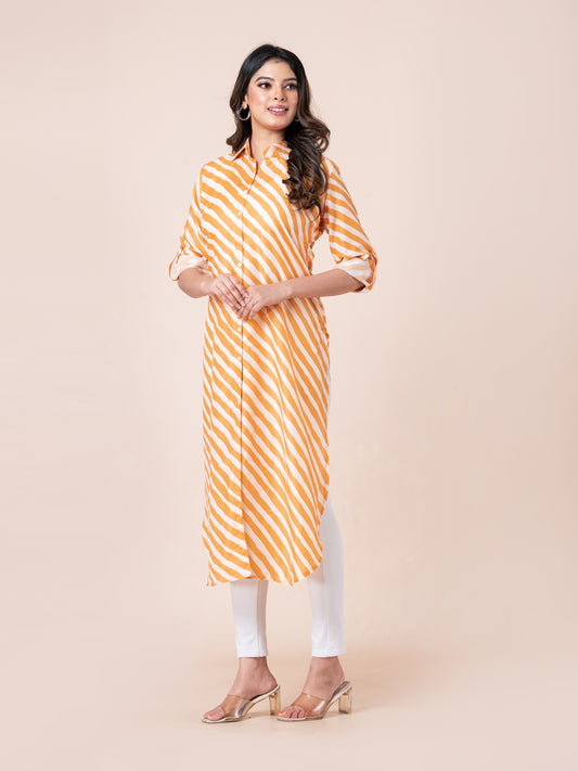 Mustard Yellow Stripe Waving Patterns Digital Printed Long Shirt