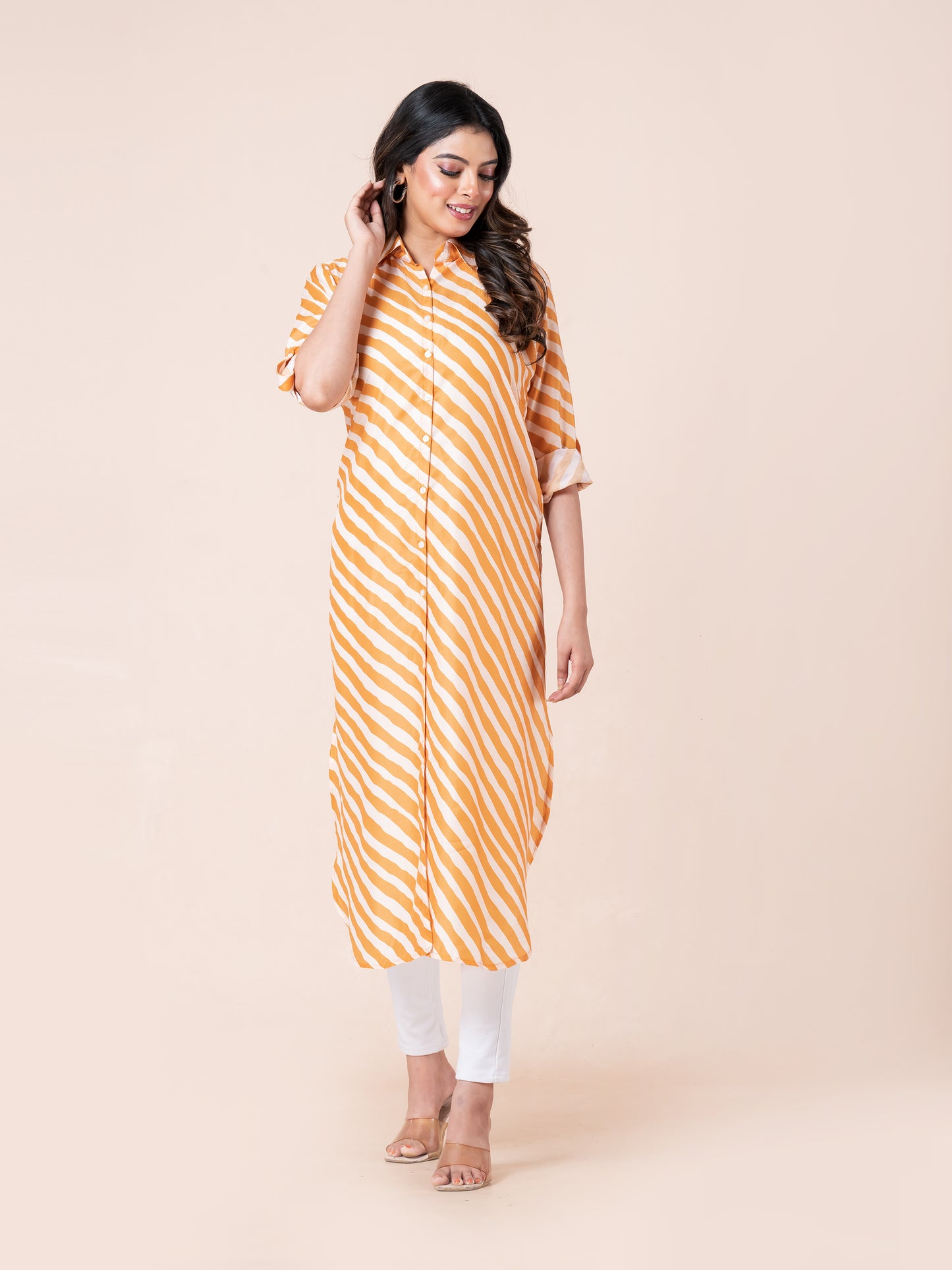 Mustard Yellow Stripe Waving Patterns Digital Printed Long Shirt