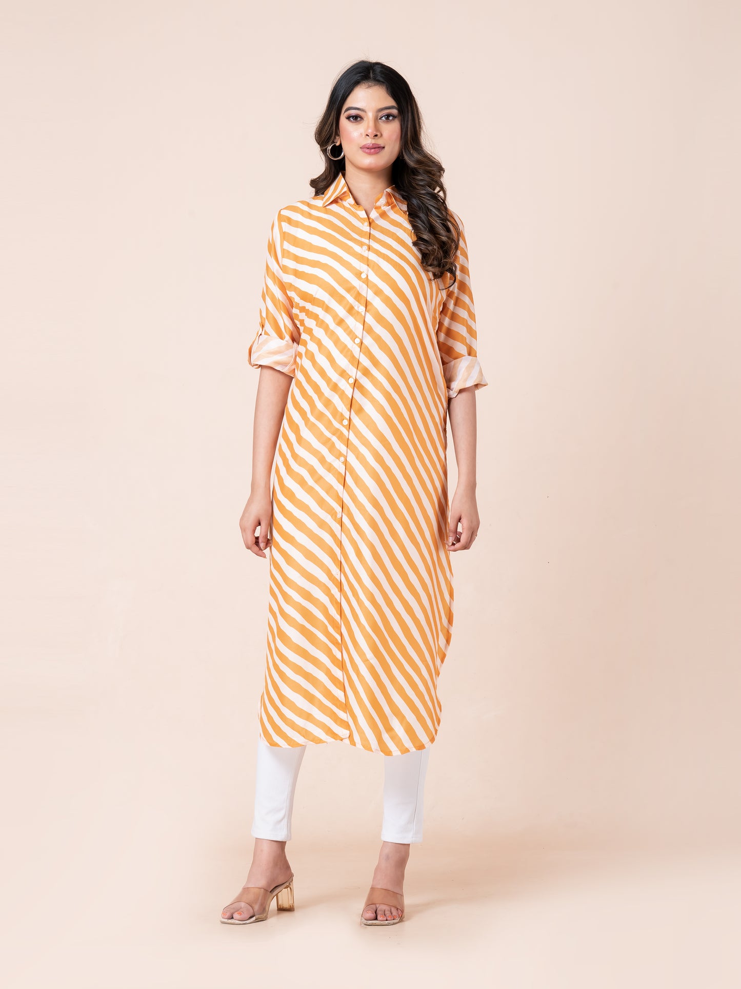 Mustard Yellow Stripe Waving Patterns Digital Printed Long Shirt