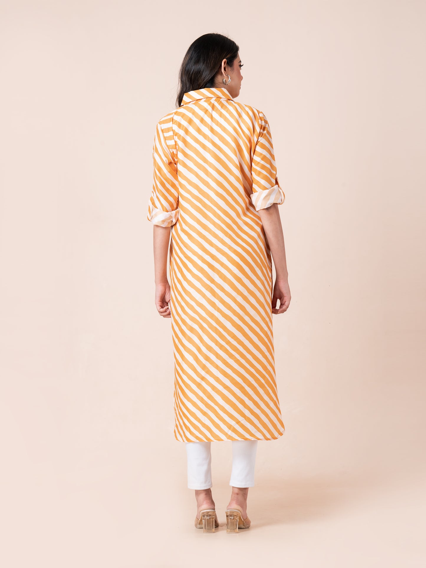 Mustard Yellow Stripe Waving Patterns Digital Printed Long Shirt