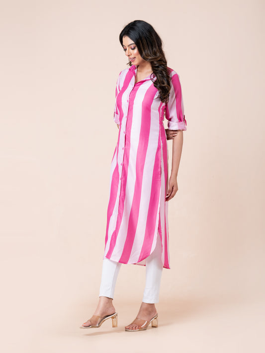 Peach And Pink Stripes Digital Printed Long Shirt