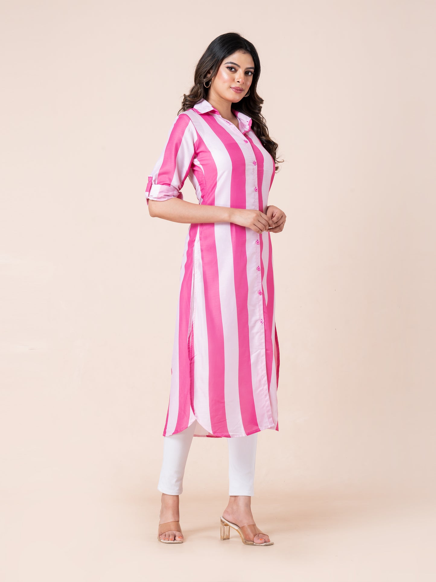 Peach And Pink Stripes Digital Printed Long Shirt