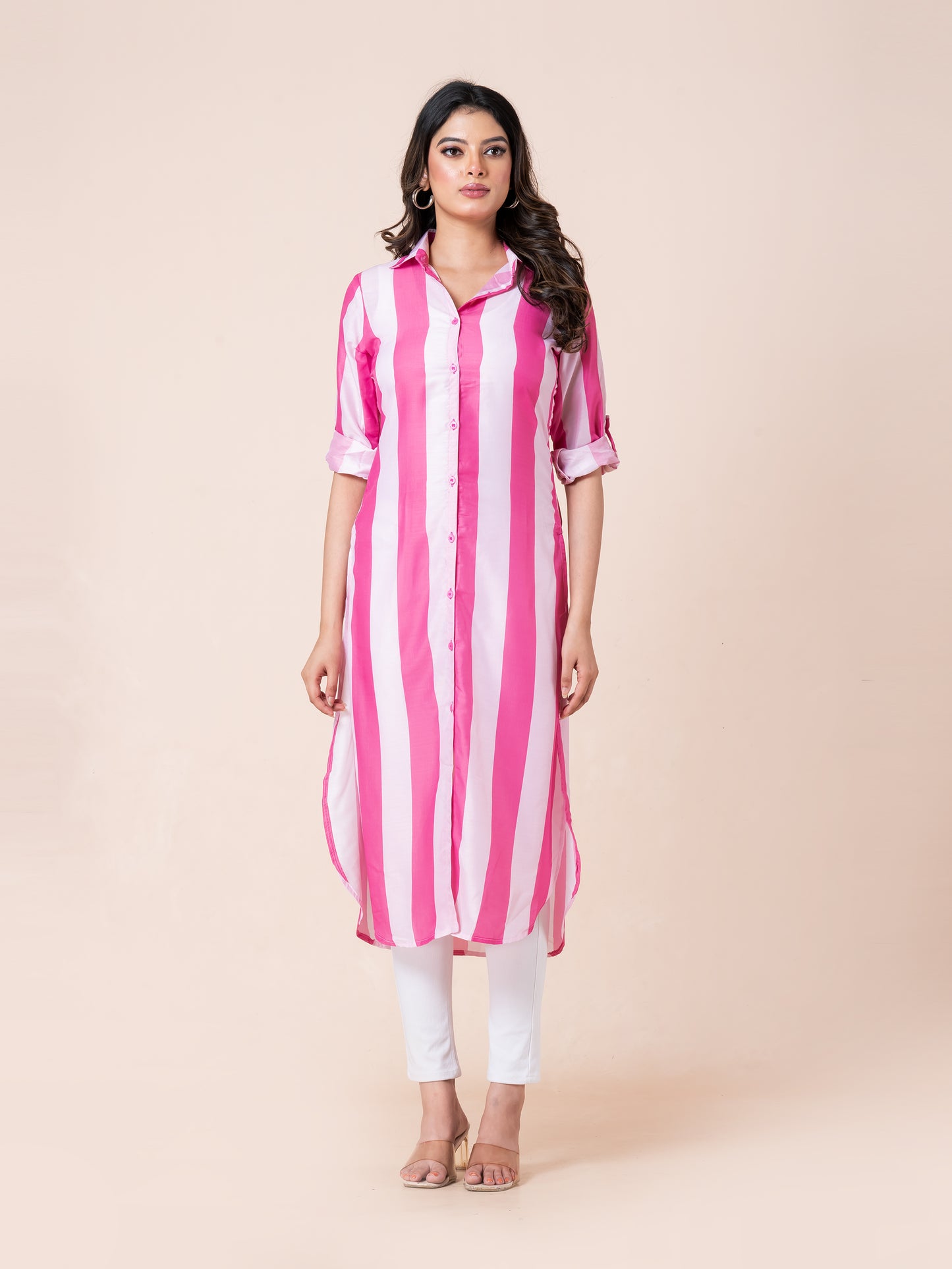 Peach And Pink Stripes Digital Printed Long Shirt