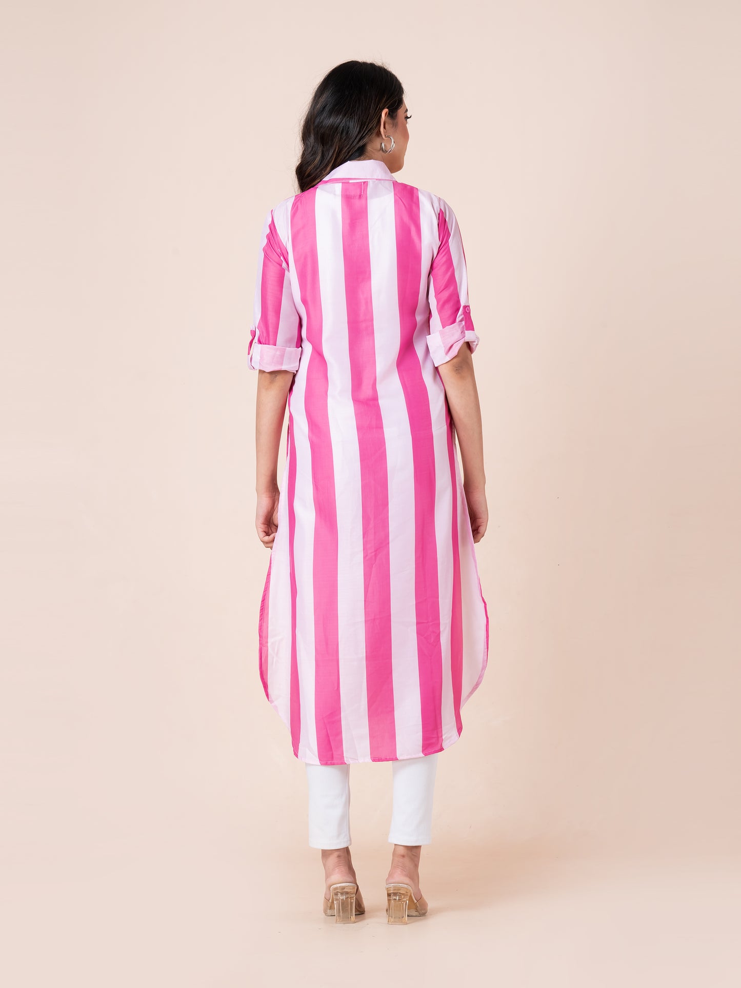 Peach And Pink Stripes Digital Printed Long Shirt