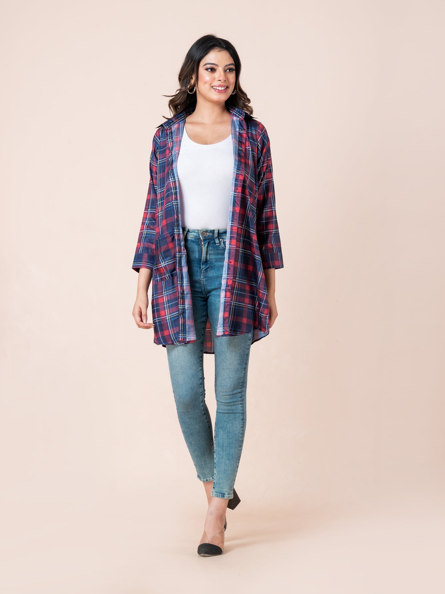 Red & Blue Checkered Mid-Length Shirt