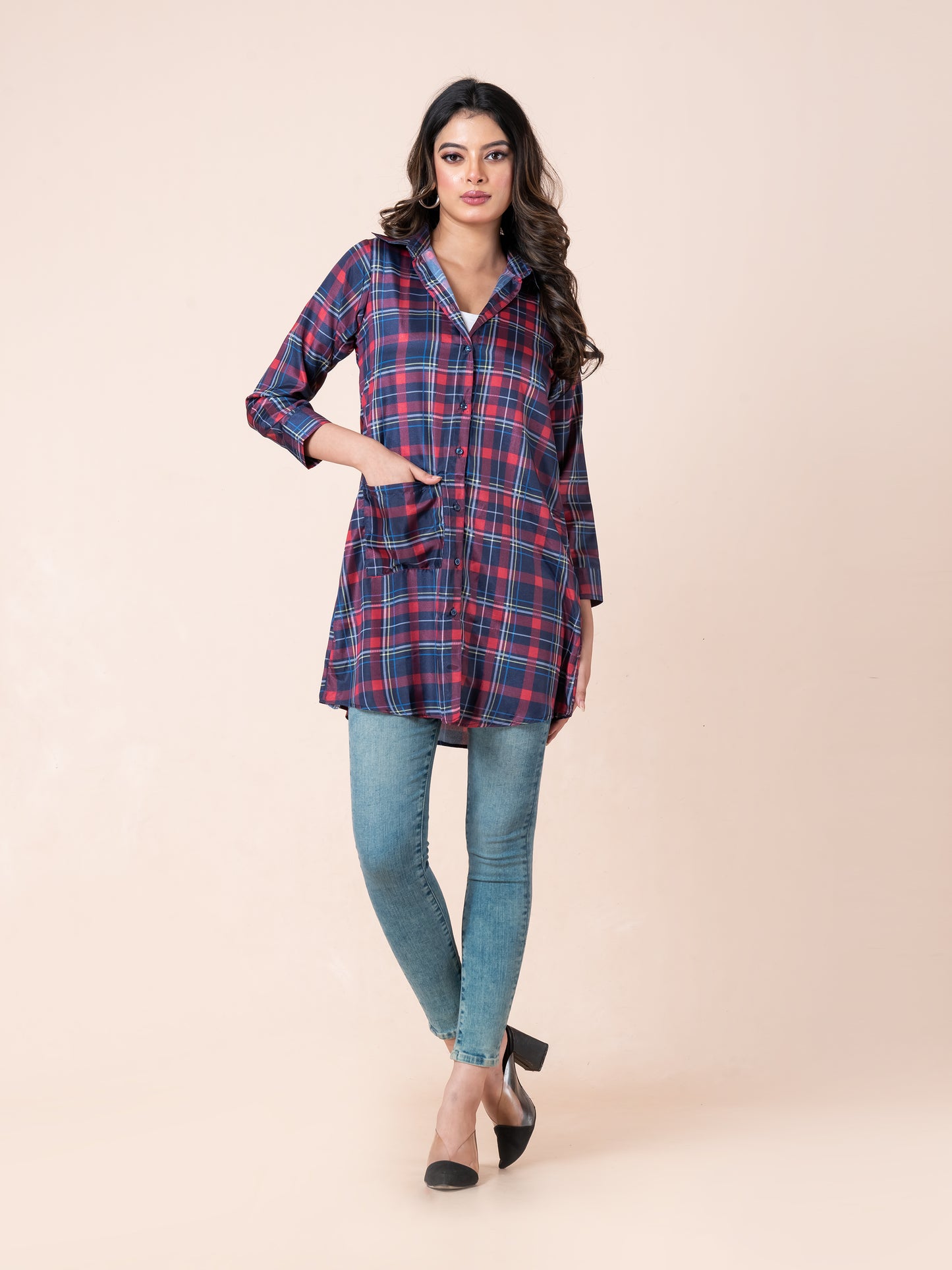 Red & Blue Checkered Mid-Length Shirt