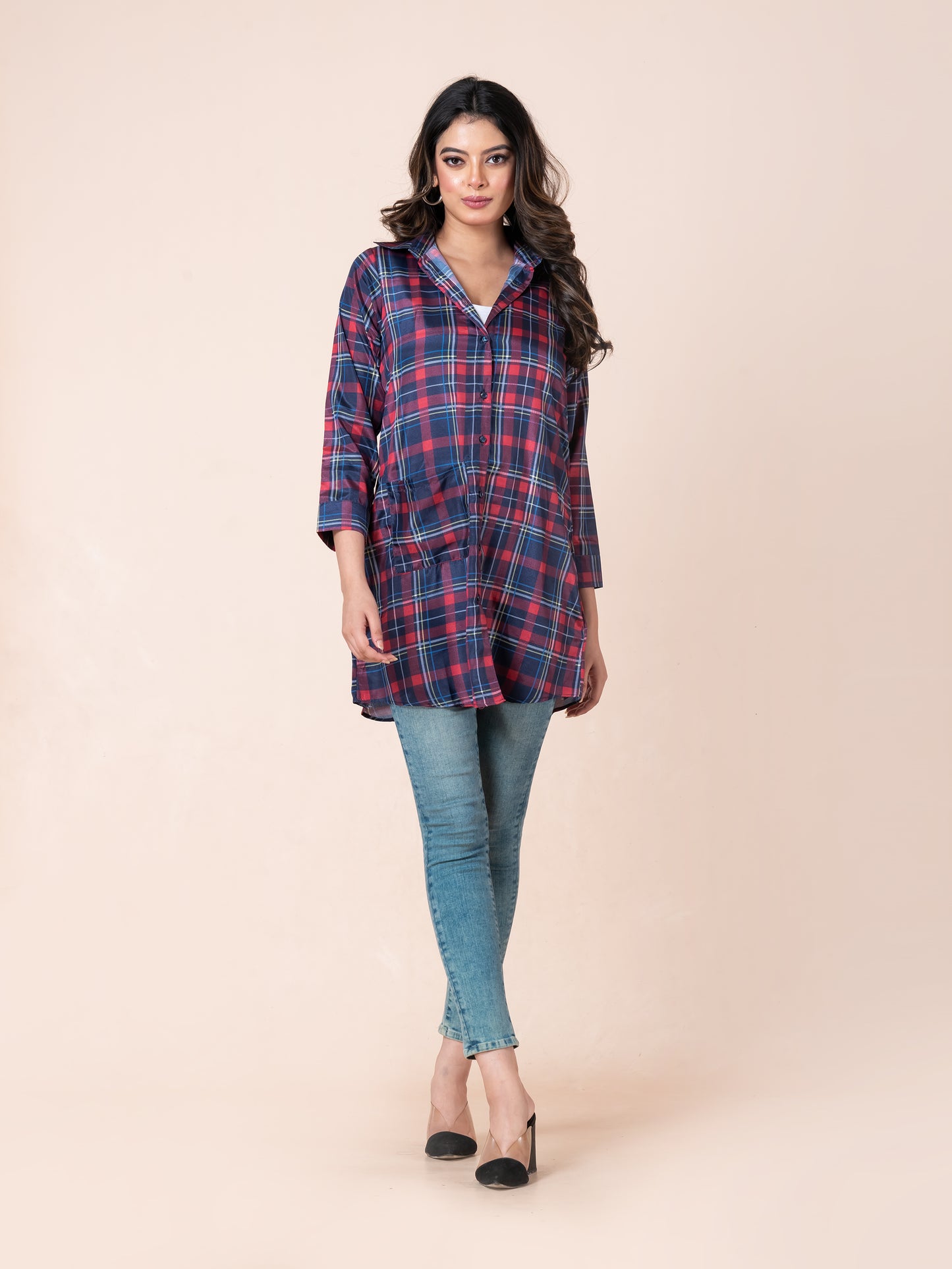 Red & Blue Checkered Mid-Length Shirt