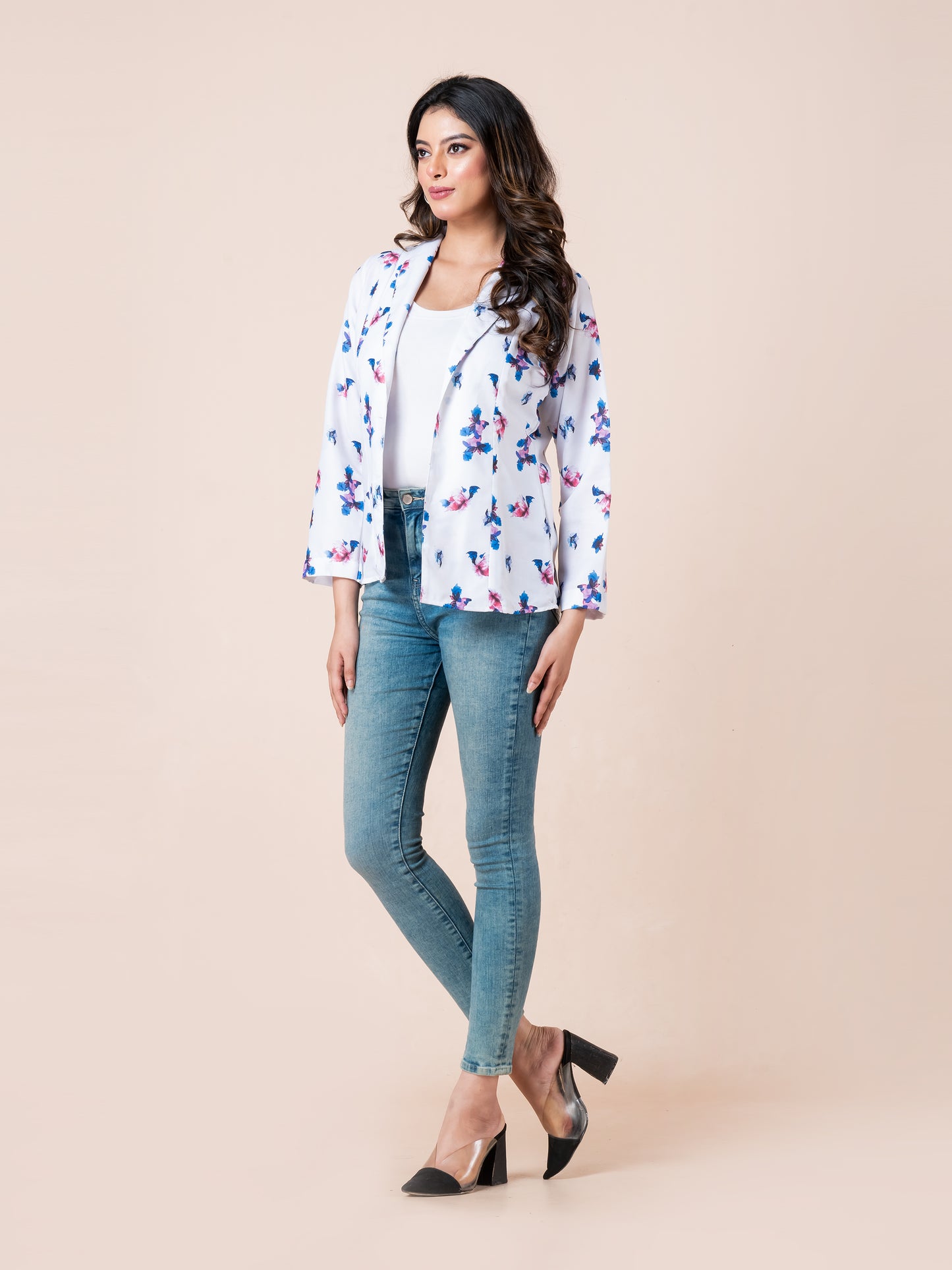 White floral lightweight women blazer, left angle