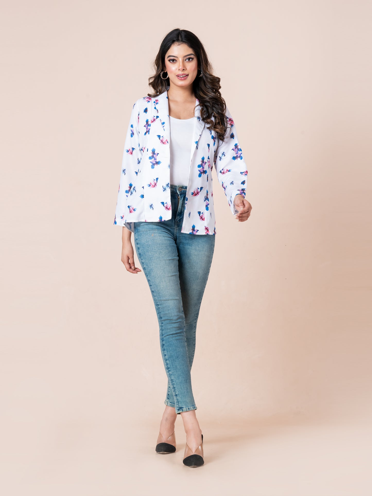 White floral lightweight women blazer, front