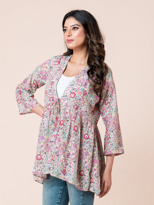 Multicolor Floral Print Tie-Up Shrug for Women