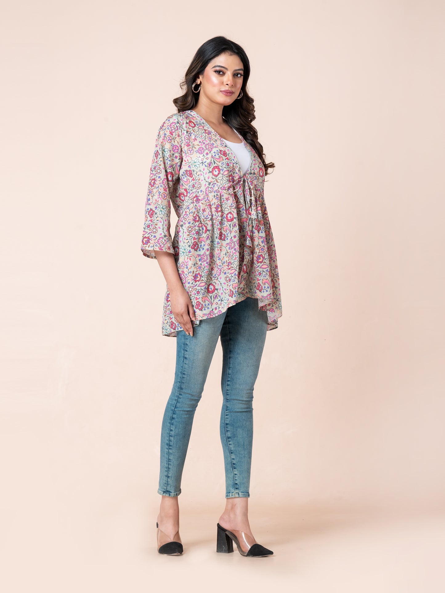 Multicolor Floral Print Tie-Up Shrug for Women