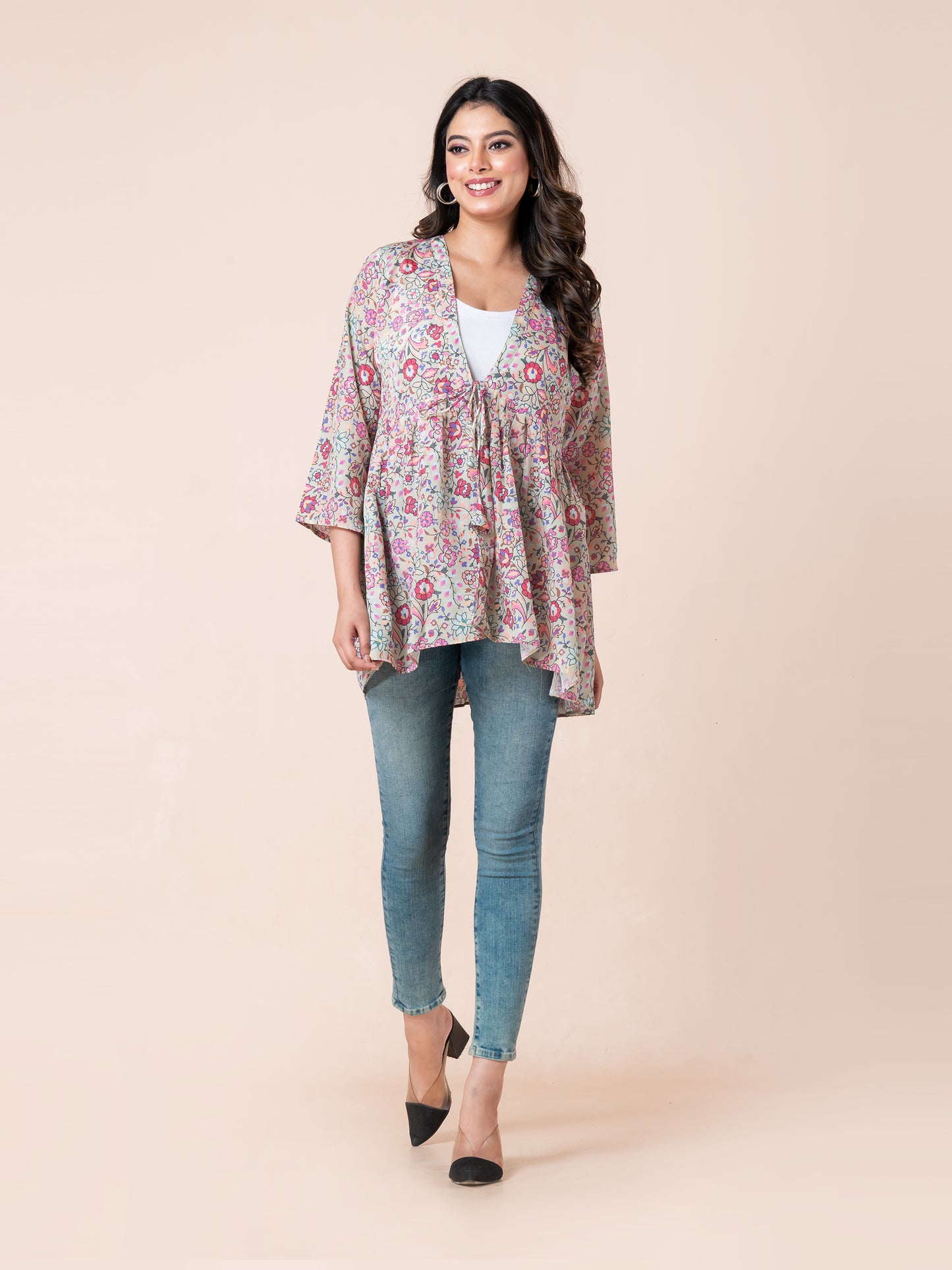 Multicolor Floral Print Tie-Up Shrug for Women