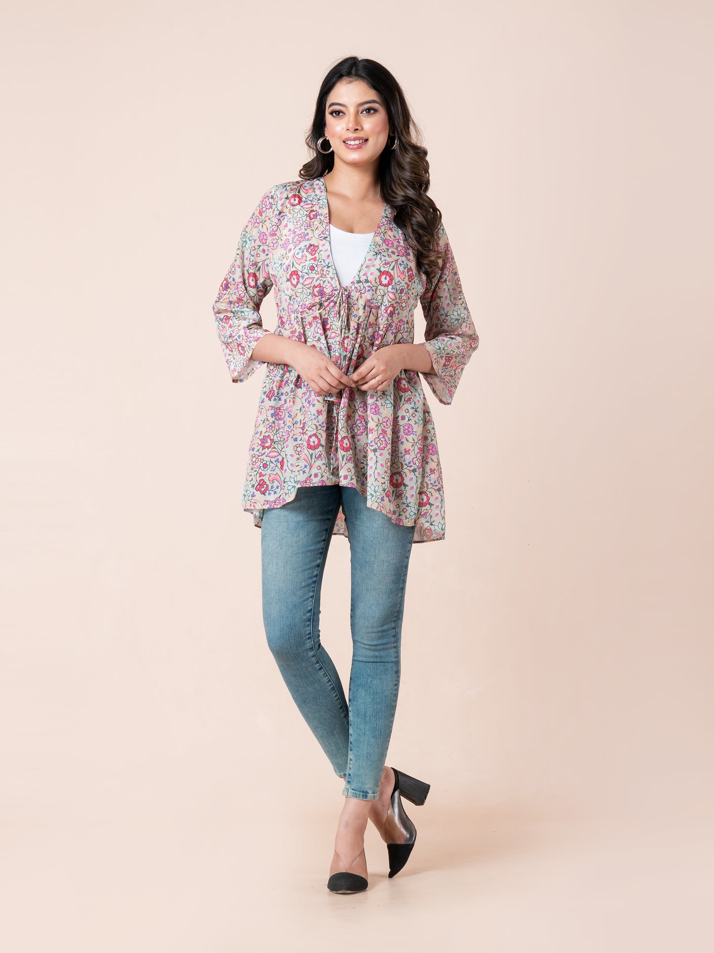 Multicolor Floral Print Tie-Up Shrug for Women