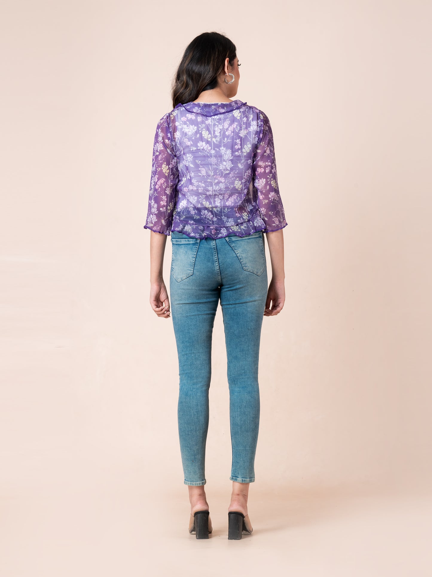 Purple Floral Printed See-through Water Fall Women Bolero, back