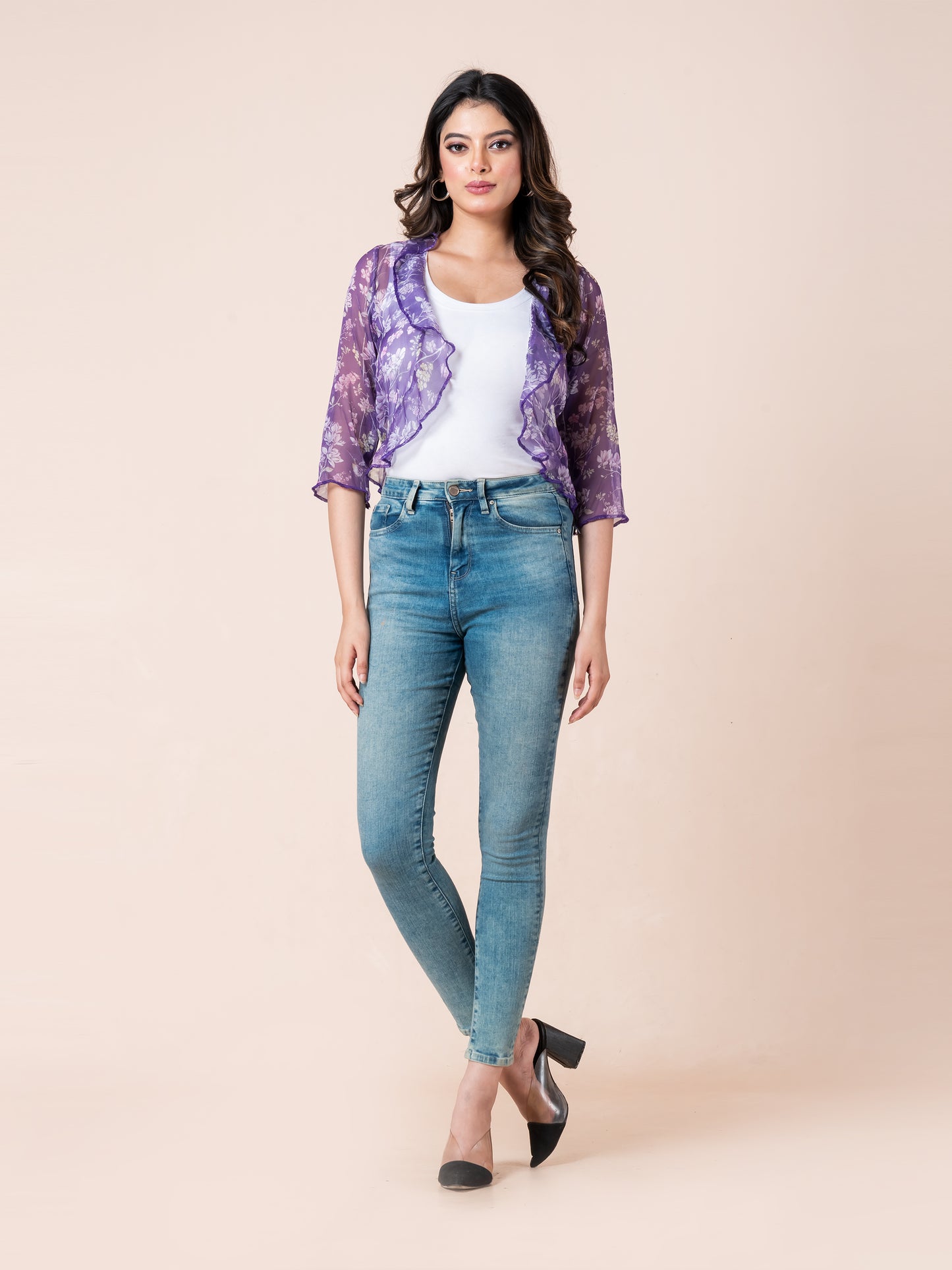 Purple Floral Printed See-through Water Fall Women Bolero, front