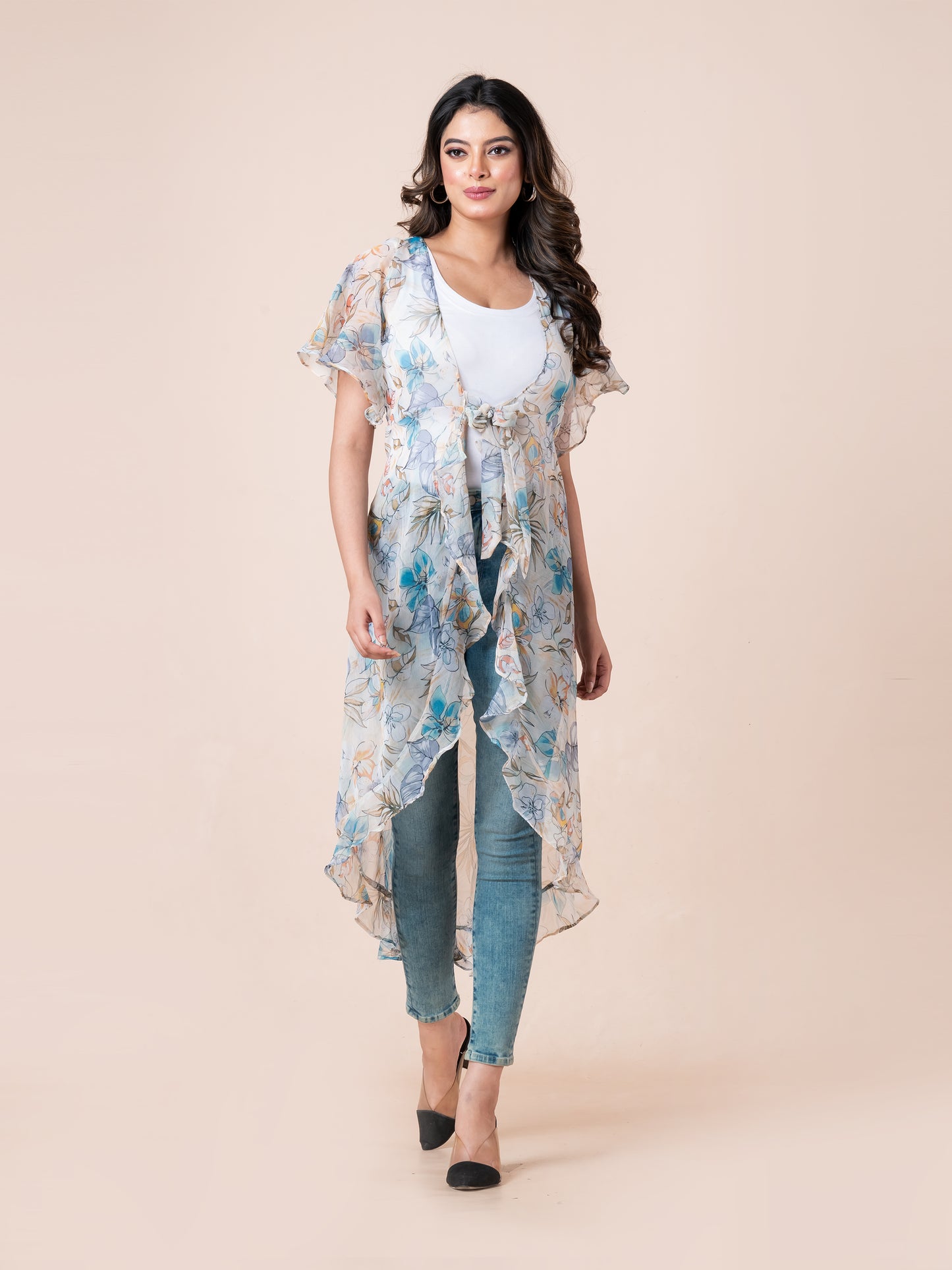 Beige & Blue Floral Printed Waterfall Tie-Up Long Shrug for Women