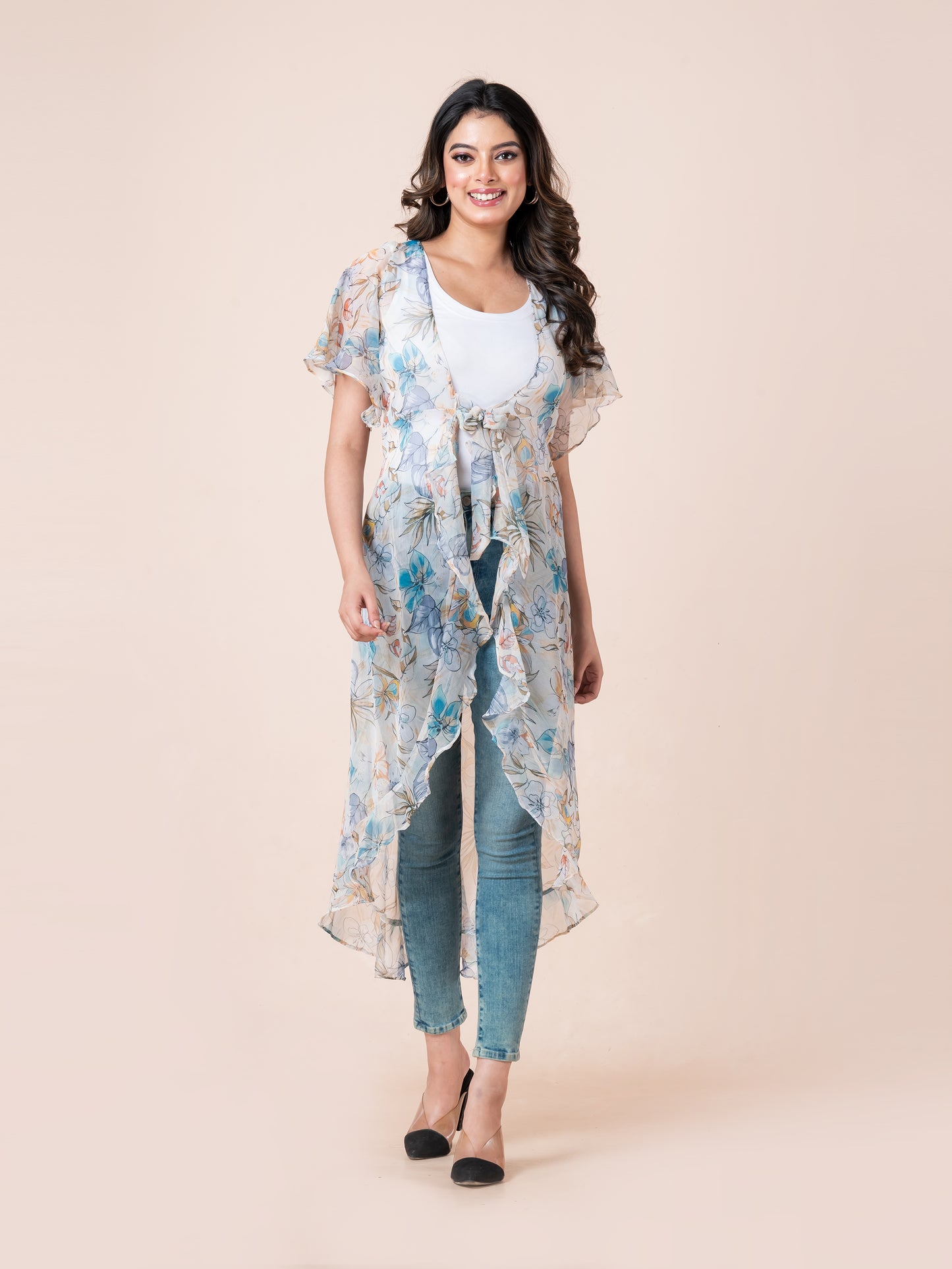 Beige & Blue Floral Printed Waterfall Tie-Up Long Shrug for Women
