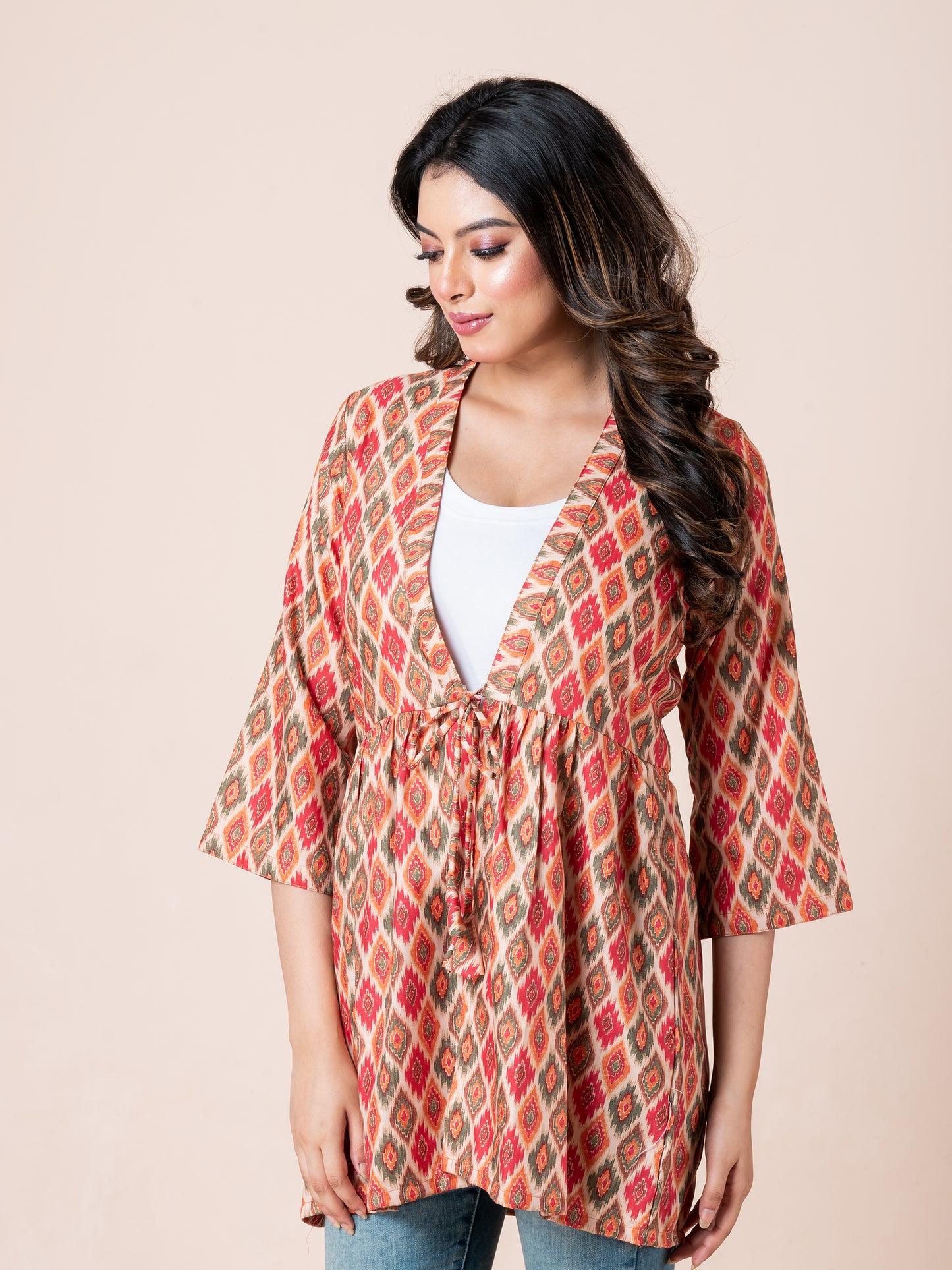 Ikkat Patterns Digital Printed Tie-Up Shrug for Women