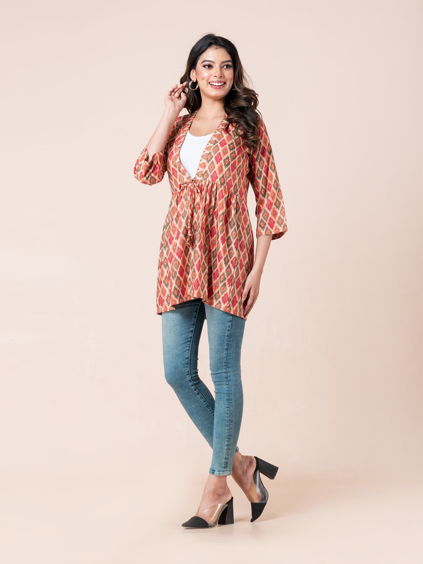 Ikkat Patterns Digital Printed Tie-Up Shrug for Women
