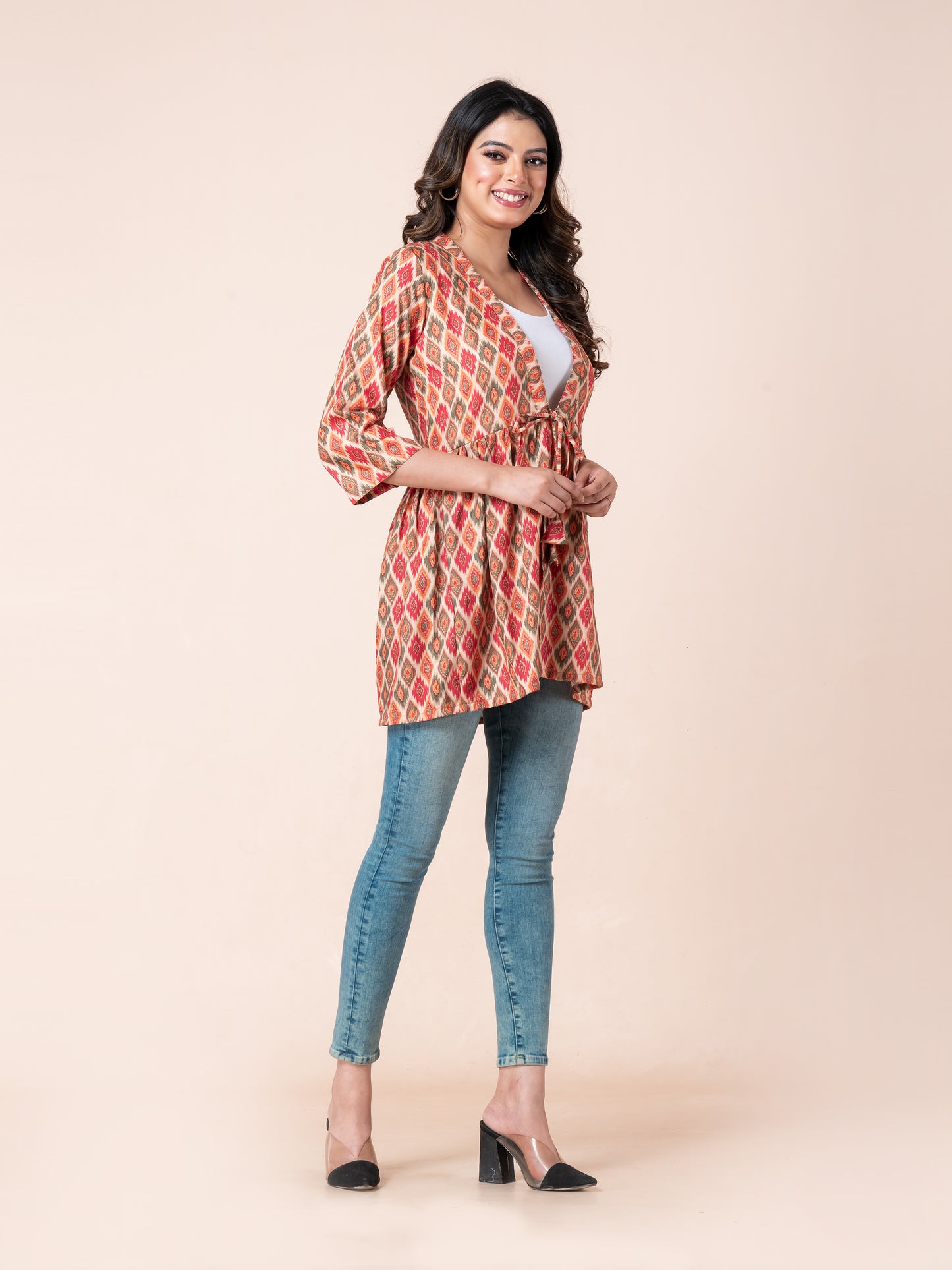 Ikkat Patterns Digital Printed Tie-Up Shrug for Women