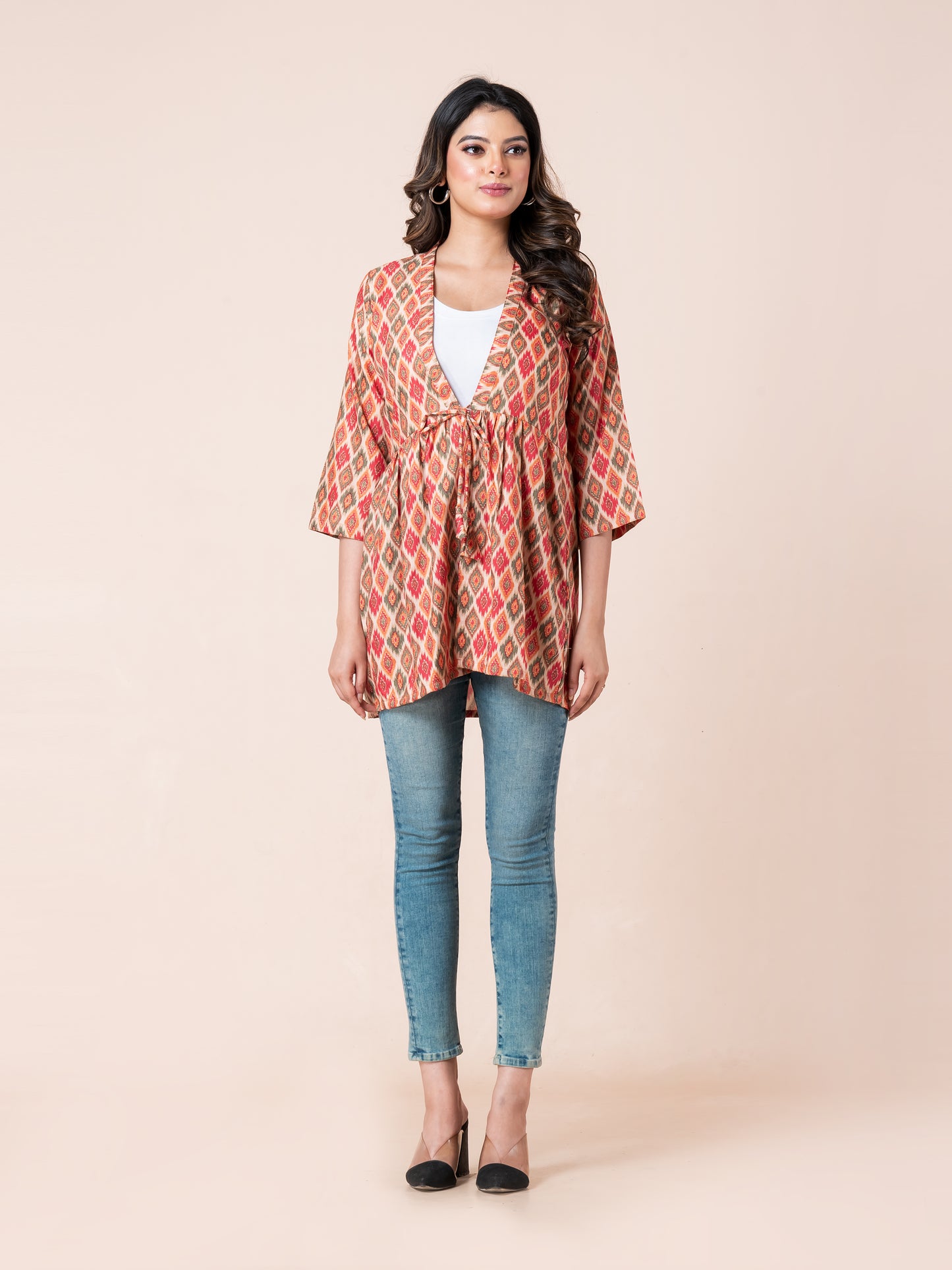 Ikkat Patterns Digital Printed Tie-Up Shrug for Women