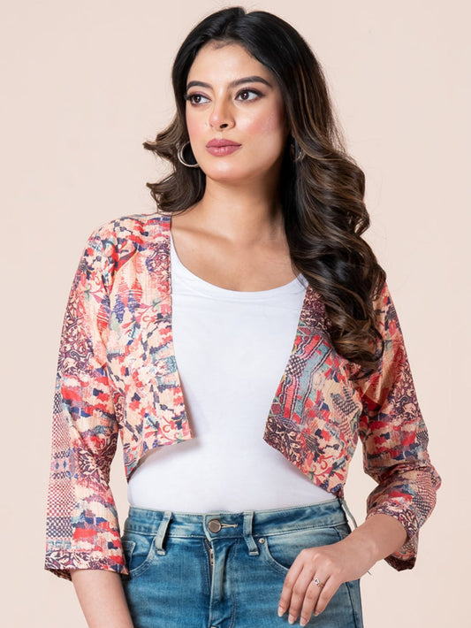 Multicolor Damask Pattern Digital Printed Women Bolero, close view front