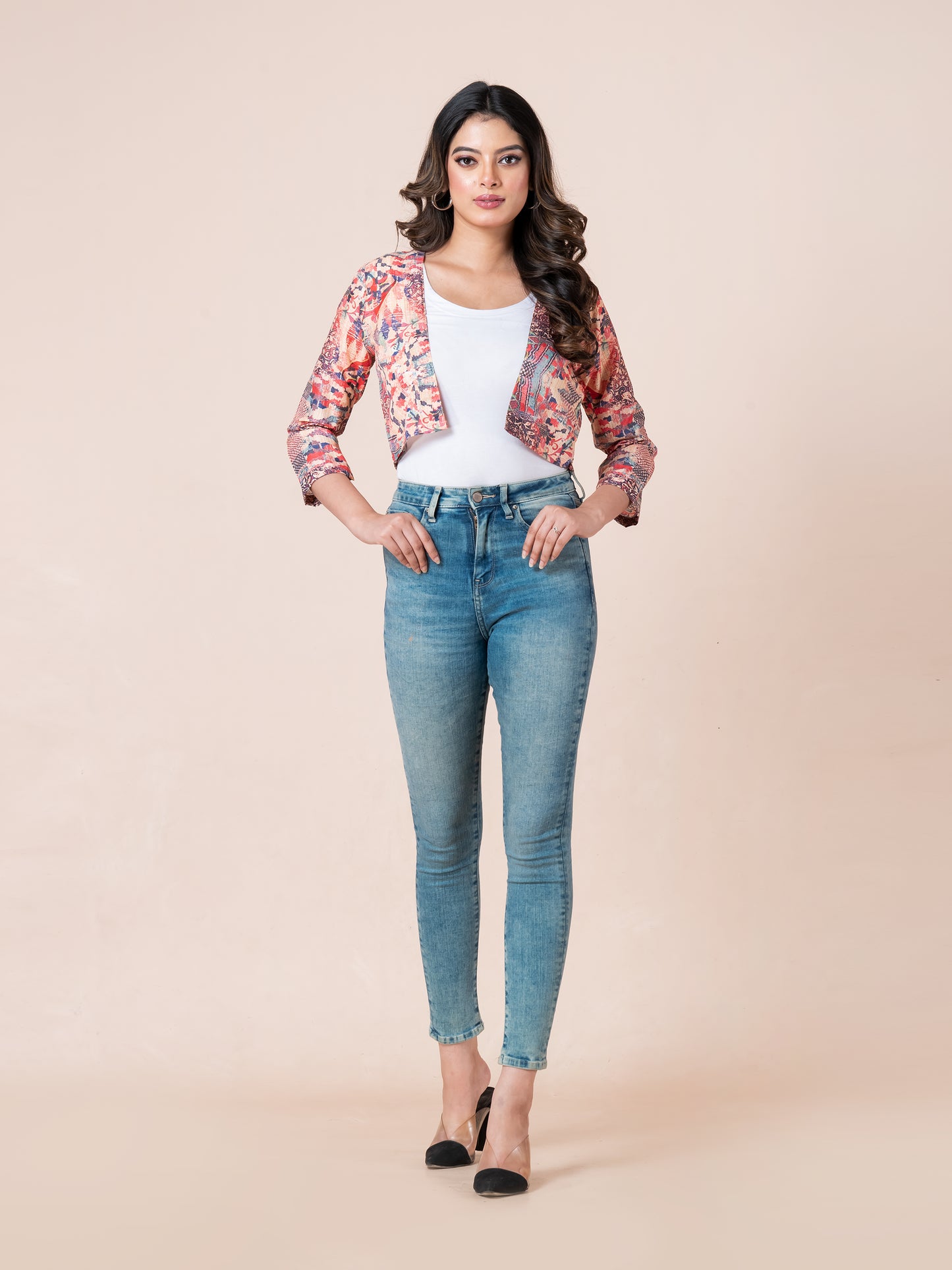 Multicolor Damask Pattern Digital Printed Women Bolero, front