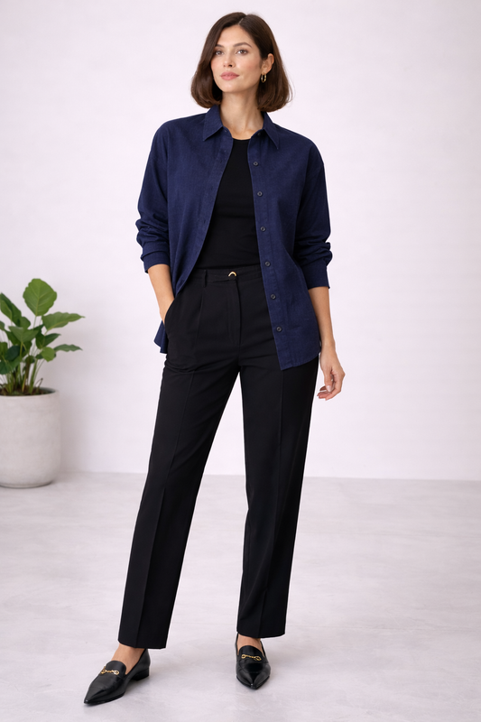 Pure Cotton Navy Blue Oversized Shirt For Women