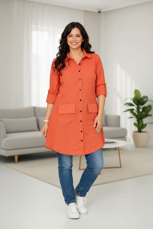 Carrot Red Checked Mid-Length Shirt