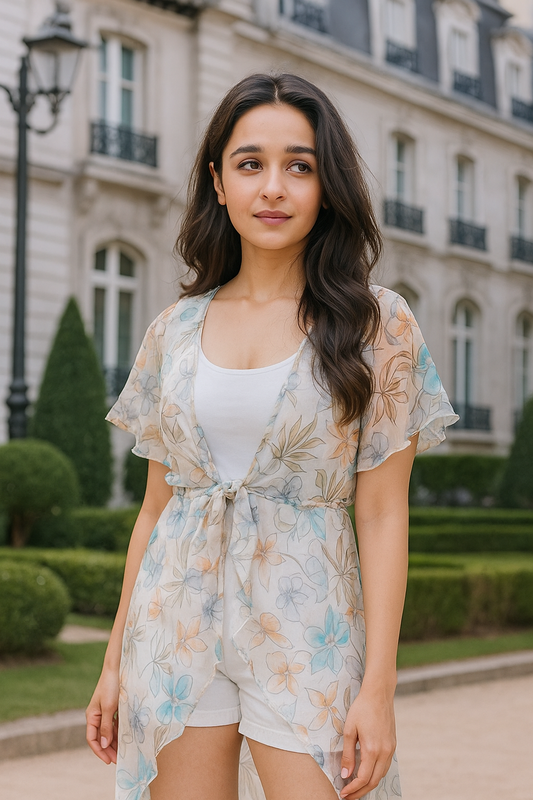 Beige & Blue Floral Printed Waterfall Tie-Up Long Shrug for Women